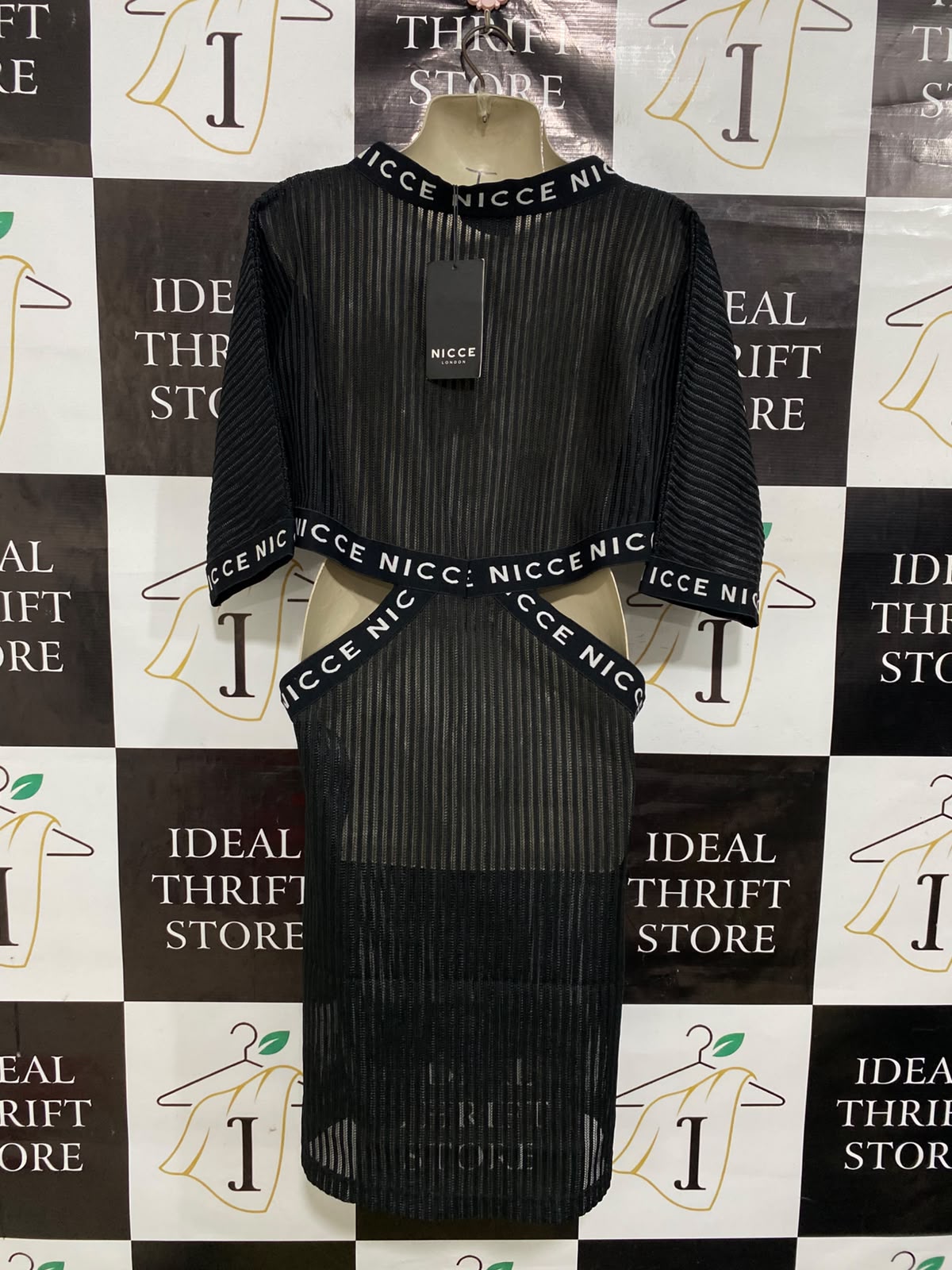 NICCE |M| BUST FREE| A39| BLACK BRANDED STRAP MESH OVERLAY MIDI DRESS