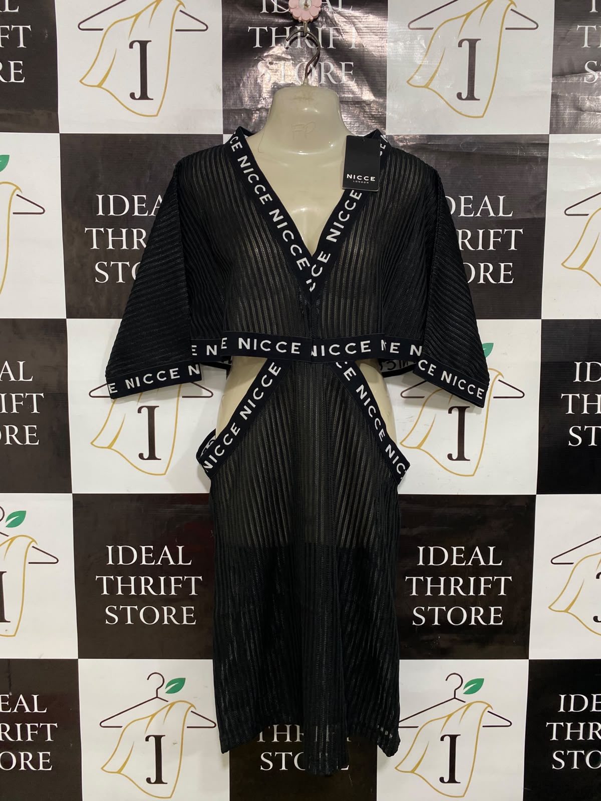 NICCE |M| BUST FREE| A39| BLACK BRANDED STRAP MESH OVERLAY MIDI DRESS