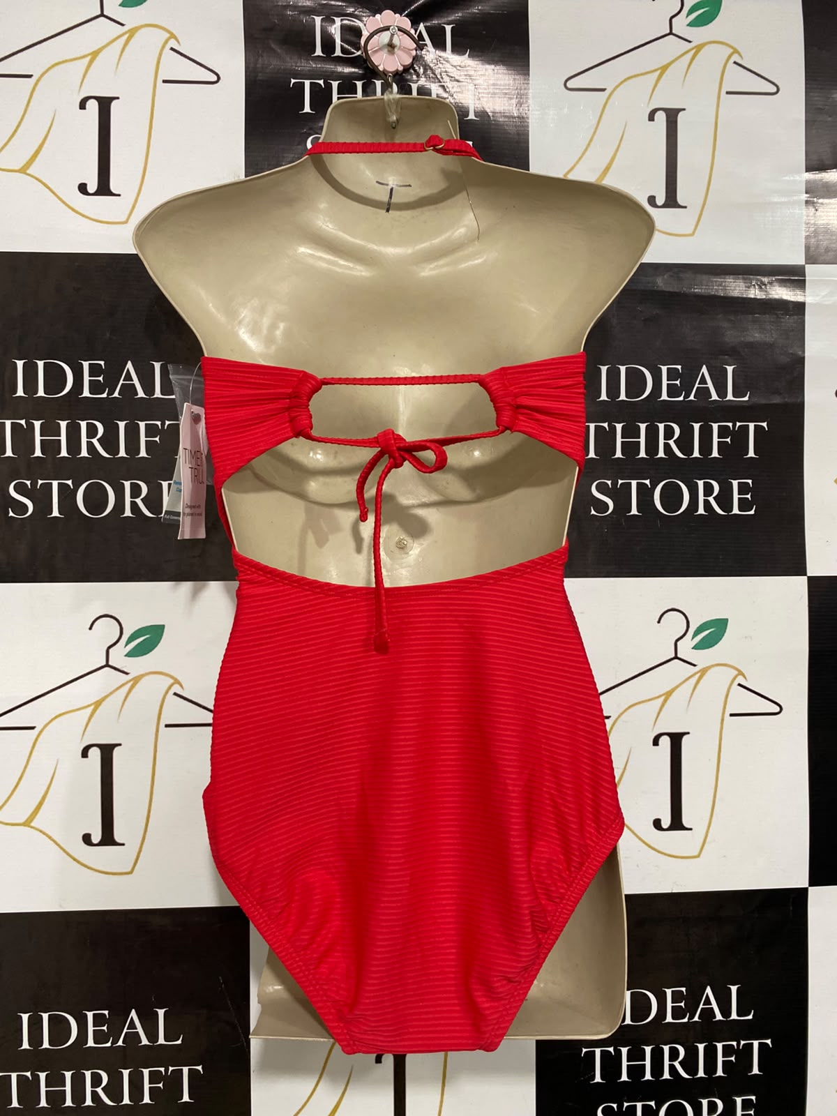 TIME TRU |S| BUST 14| A39| VIBRANT RED RIBBED CUT-OUT HALTER ONE-PIECE SWIMSUIT