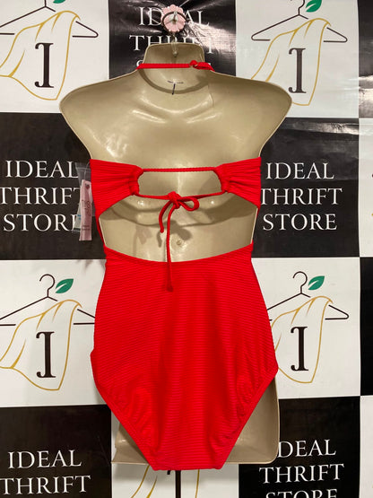 TIME TRU |S| BUST 14| A39| VIBRANT RED RIBBED CUT-OUT HALTER ONE-PIECE SWIMSUIT