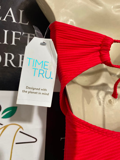 TIME TRU |S| BUST 14| A39| VIBRANT RED RIBBED CUT-OUT HALTER ONE-PIECE SWIMSUIT