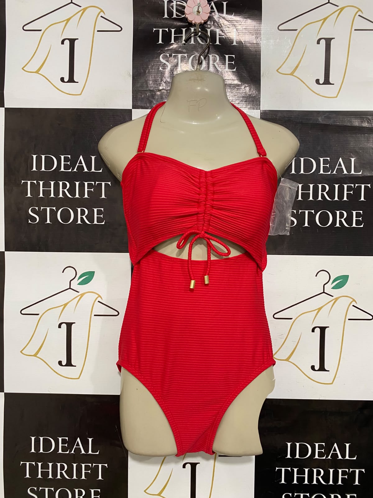 TIME TRU |S| BUST 14| A39| VIBRANT RED RIBBED CUT-OUT HALTER ONE-PIECE SWIMSUIT