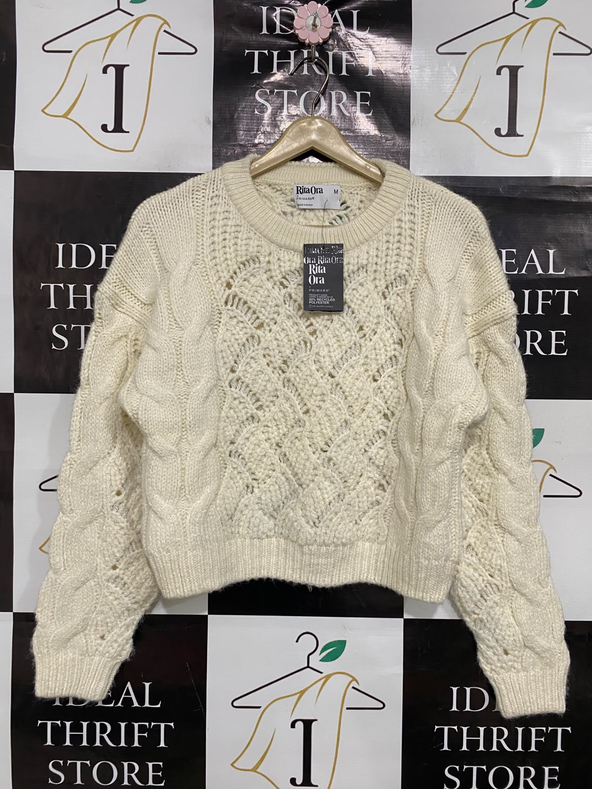 PRIMARK CARES |M| BUST 20| A38| CREAM CABLE-KNIT CROPPED SWEATER