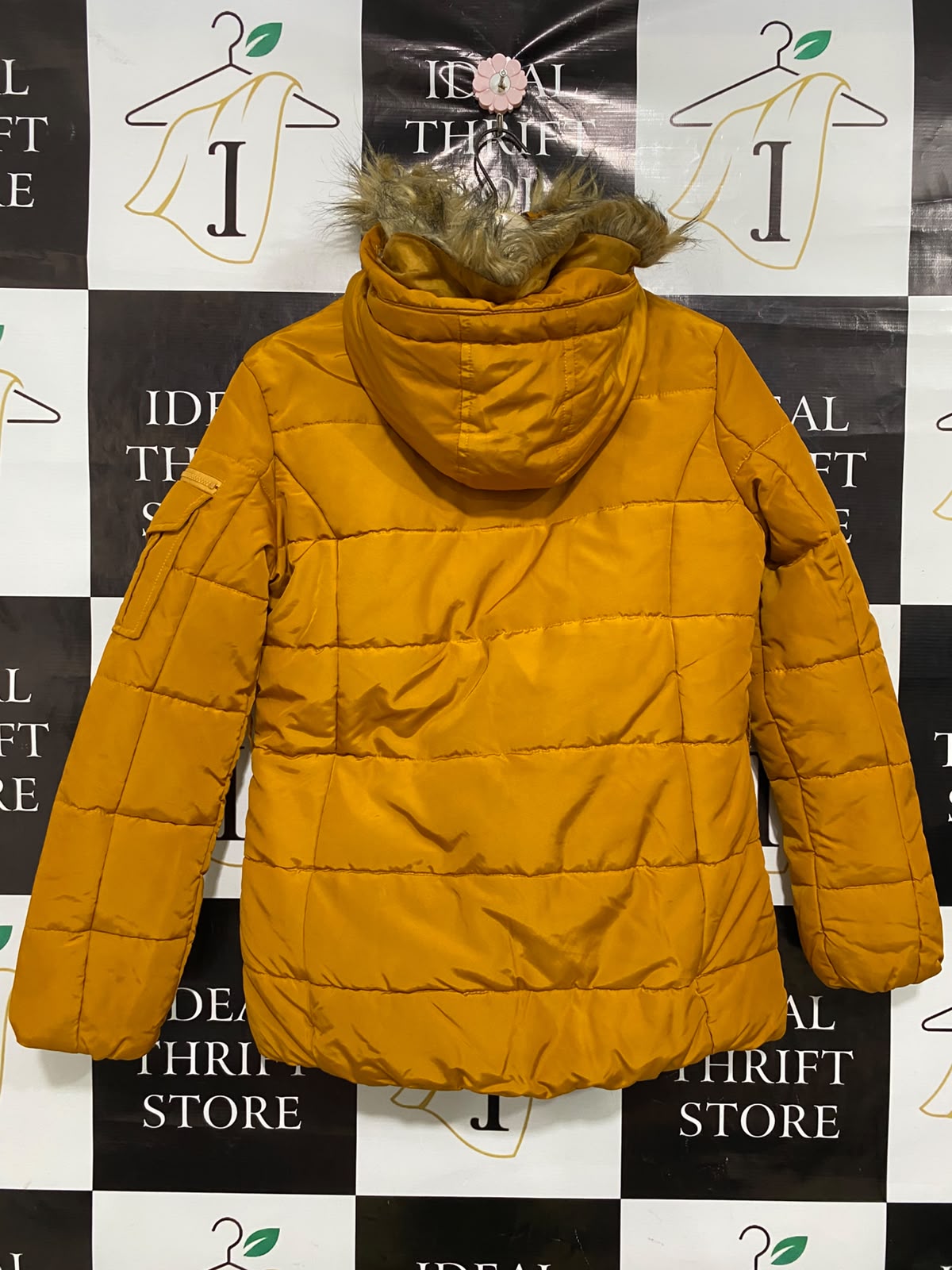 JBC COLLECTION |M| BUST 19| A38| MUSTARD YELLOW FAUX-FUR TRIM HOODED PUFFER JACKET