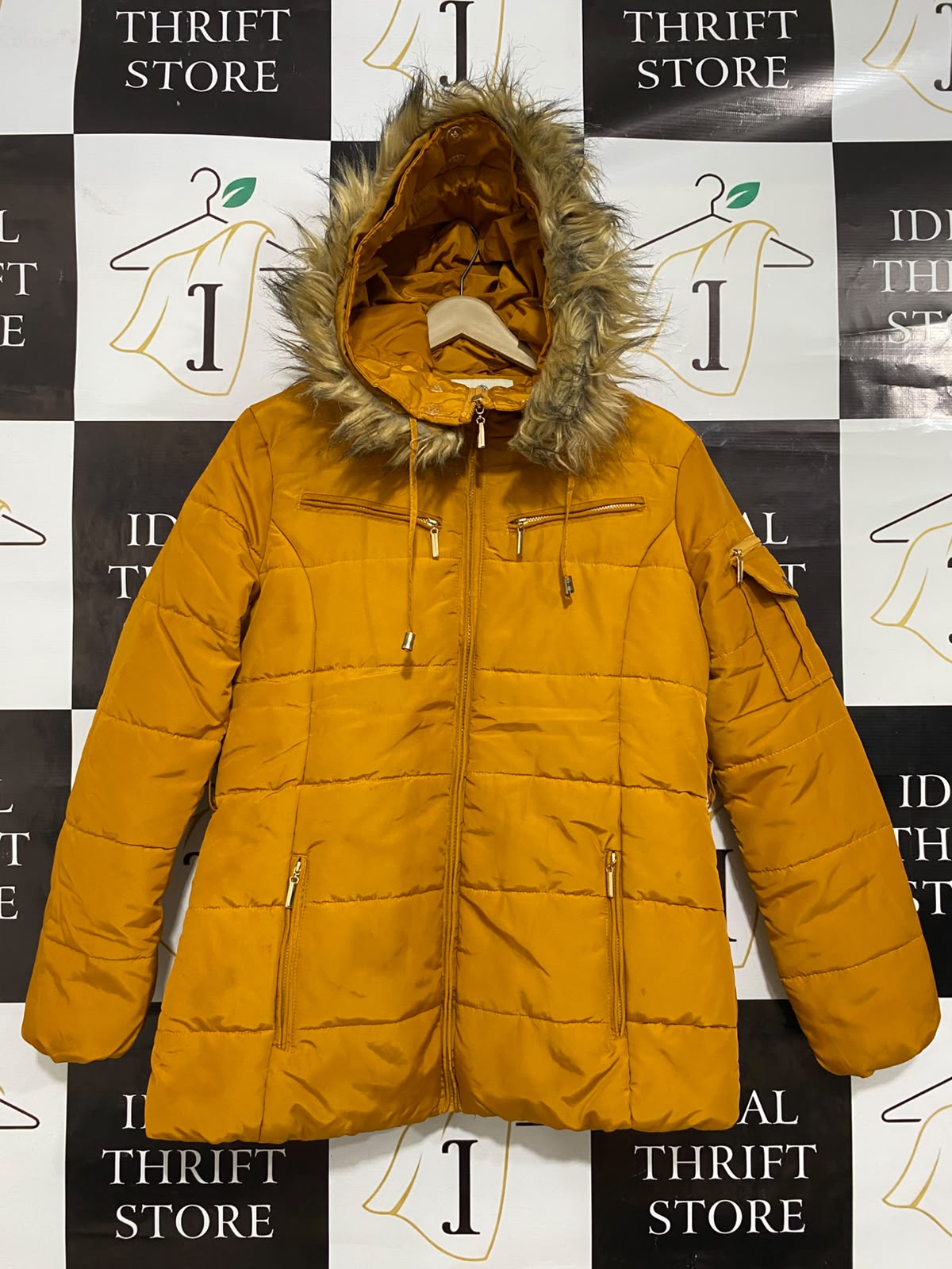 JBC COLLECTION |M| BUST 19| A38| MUSTARD YELLOW FAUX-FUR TRIM HOODED PUFFER JACKET