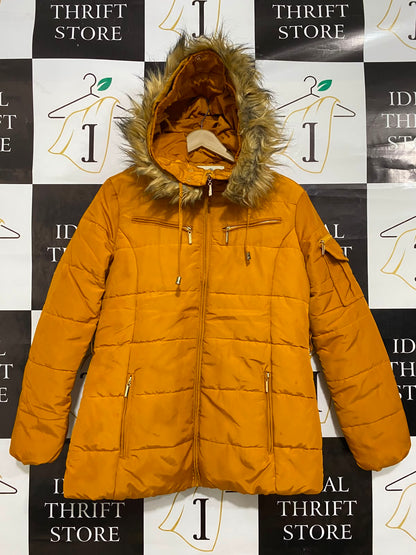 JBC COLLECTION |M| BUST 19| A38| MUSTARD YELLOW FAUX-FUR TRIM HOODED PUFFER JACKET