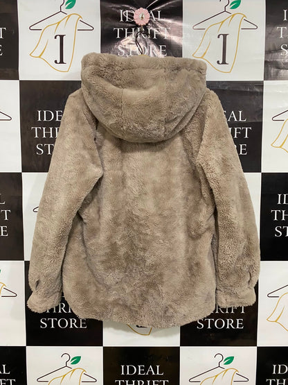 PAPAYA |L| BUST 21| A38| TAUPE PLUSH FAUX-FUR HOODED ZIP-UP JACKET
