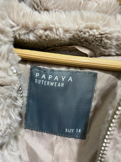 PAPAYA |L| BUST 21| A38| TAUPE PLUSH FAUX-FUR HOODED ZIP-UP JACKET