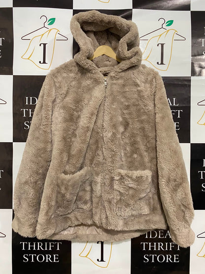 PAPAYA |L| BUST 21| A38| TAUPE PLUSH FAUX-FUR HOODED ZIP-UP JACKET
