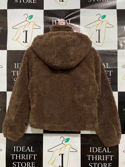PRIMARK |XS| BUST 20| A38| BROWN SHERPA FLEECE HOODED ZIP-UP JACKET