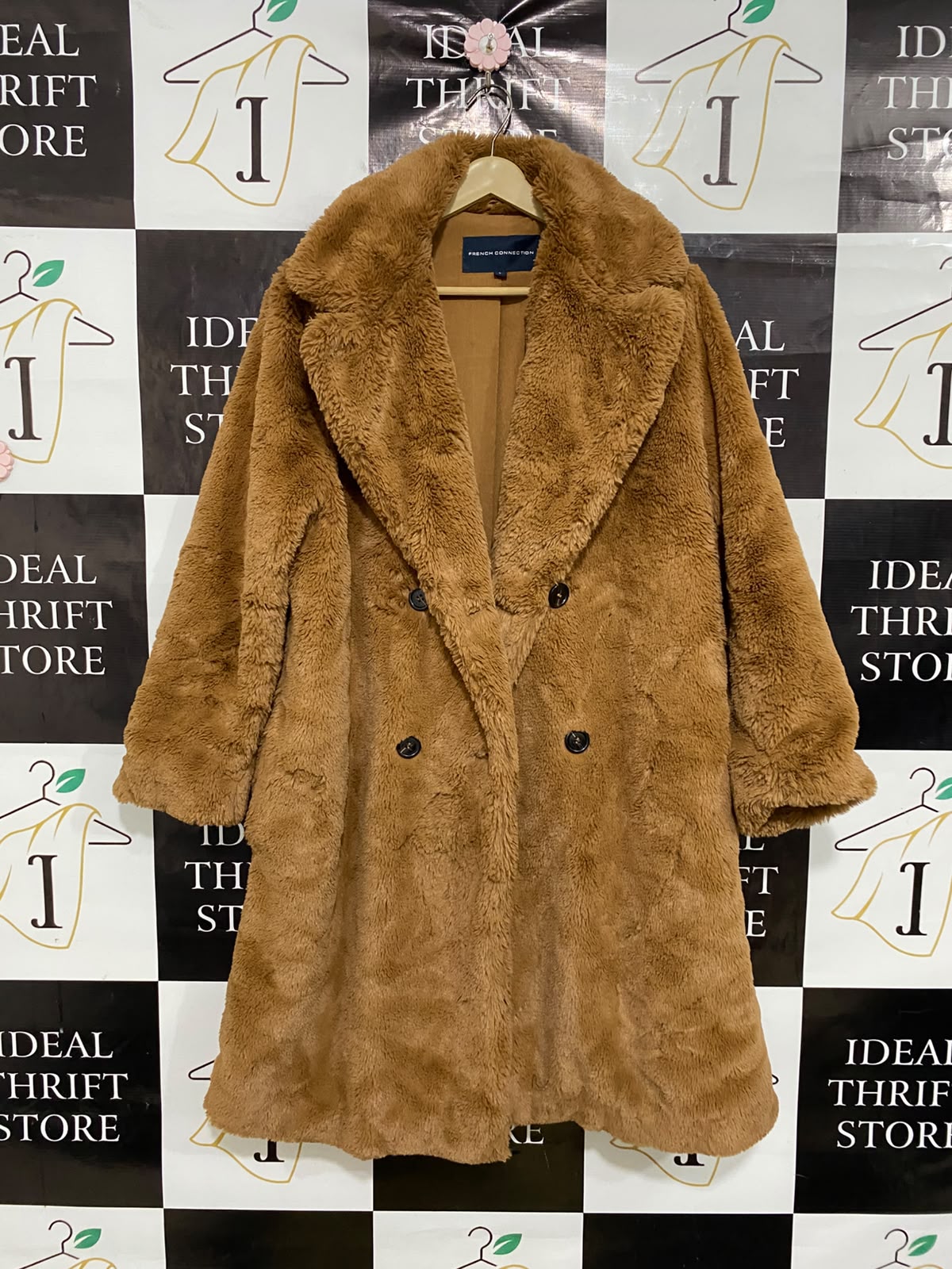 FRENCH CONNECTION |L| BUST 23| A38| CARAMEL PLUSH FAUX-FUR DOUBLE-BREASTED COAT