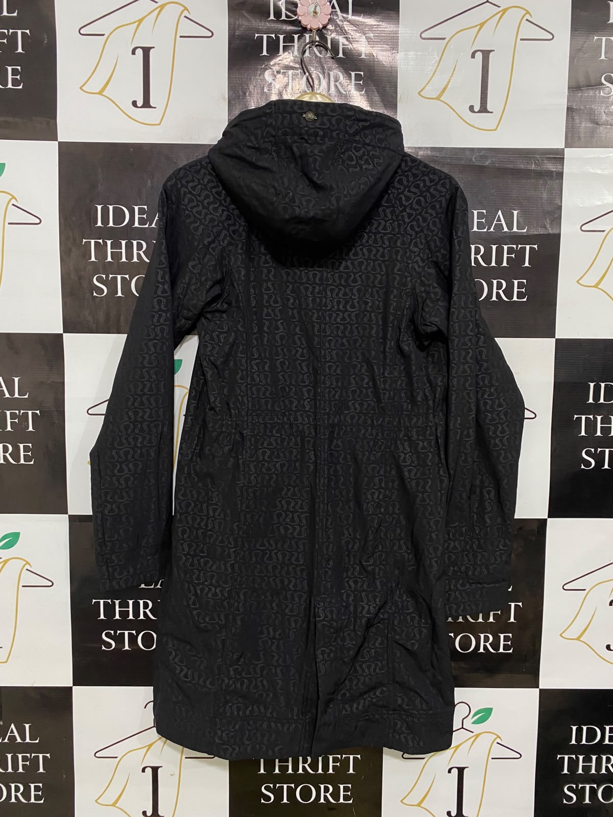 LULULEMON |S| BUST 16| BLACK MONOGRAM ALL-OVER PRINT HOODED LONGLINE ZIP-UP COAT