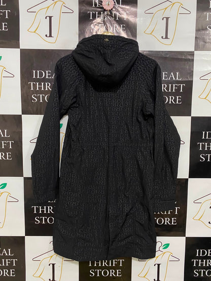 LULULEMON |S| BUST 16| BLACK MONOGRAM ALL-OVER PRINT HOODED LONGLINE ZIP-UP COAT