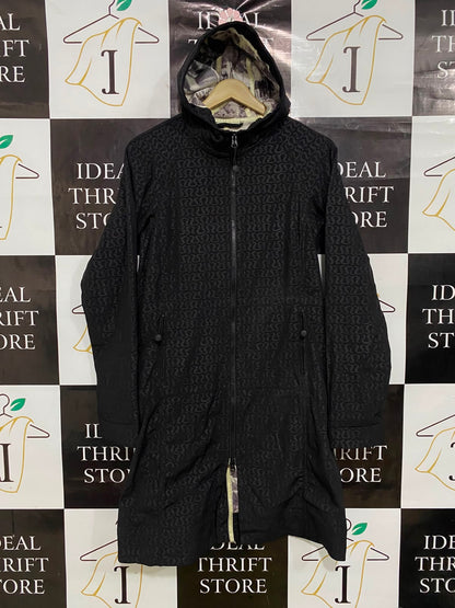 LULULEMON |S| BUST 16| BLACK MONOGRAM ALL-OVER PRINT HOODED LONGLINE ZIP-UP COAT