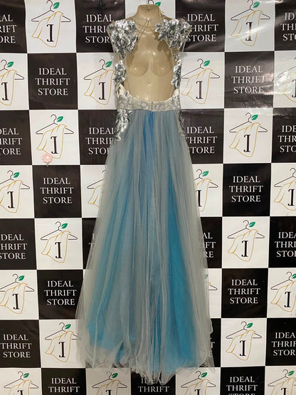 ZELEB |M| BUST 18| A38| ICE BLUE & SILVER SEQUIN EMBELLISHED TULLY EVENING GOWN