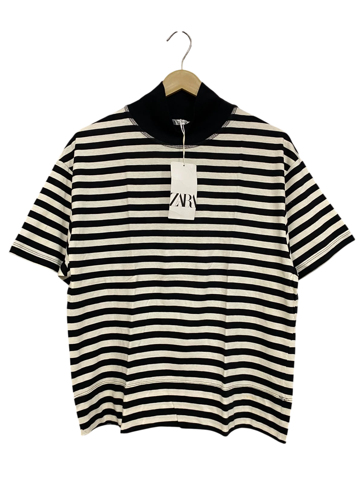 ZARA |M| BUST 20| A40| BLACK AND WHITE STRIPED MOCK NECK UTILITY T-SHIRT