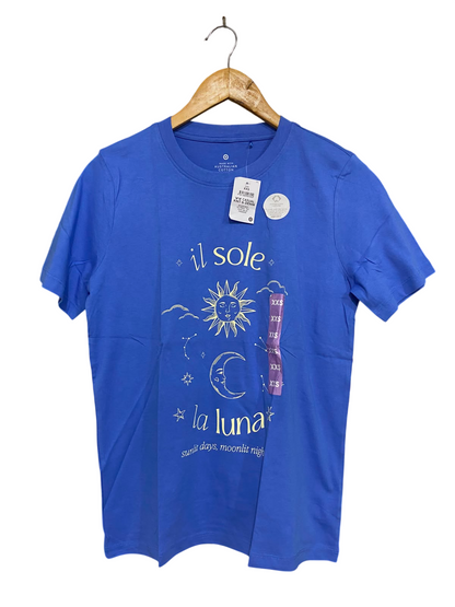 TARGET WOMAN |XS| BUST 18| A40| BLUE "IL SOLE LA LUNA" GRAPHIC UTILITY T-SHIRT
