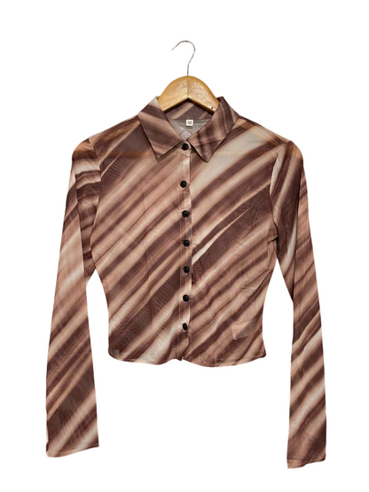 SHEIN |M| BUST 16| A40| BROWN STRIPED MESH BUTTON-UP UTILITY TOP