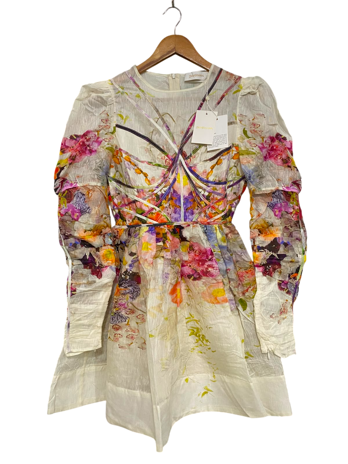 ZIMMERMANN |S| BUST 17| A41| MULTICOLOR FLORAL STRAPPY ORGANZA UTILITY MINI DRESS