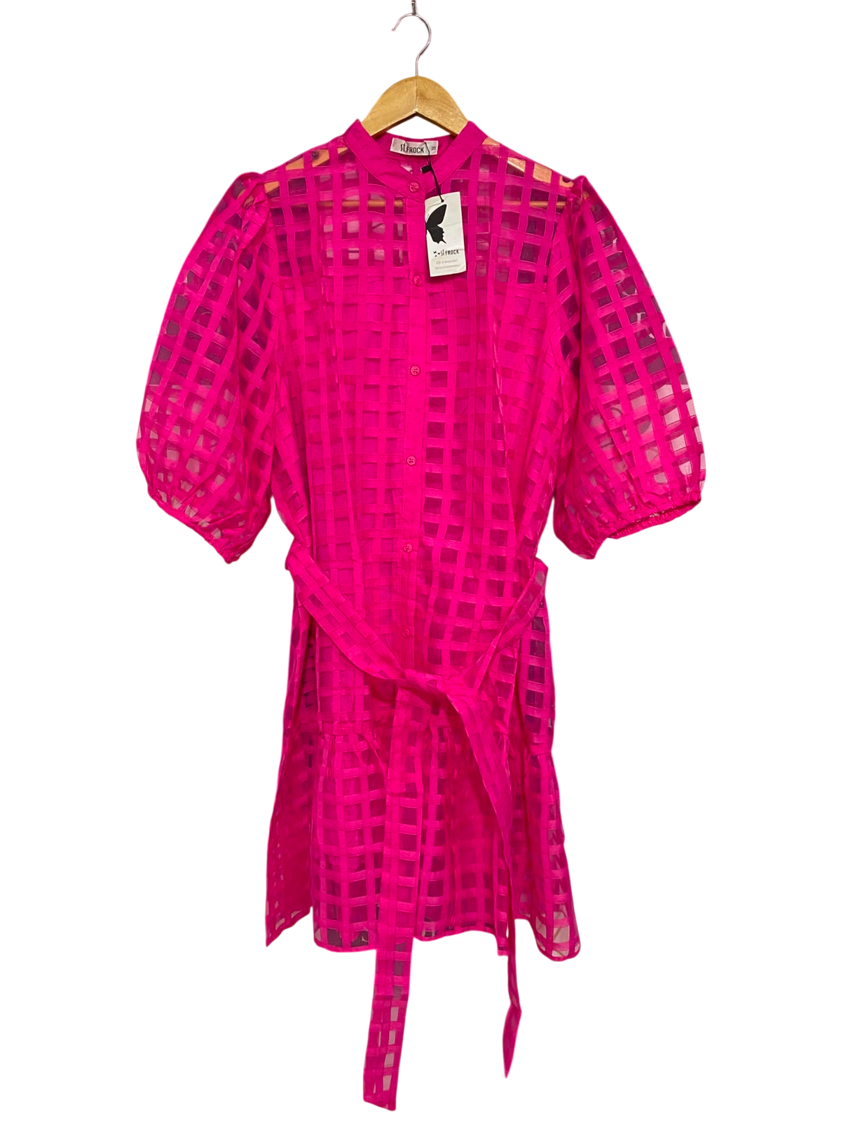 ST FROCK |L| BUST 22| A41| MAGENTA CHECKERED ORGANZA UTILITY TUNIC DRESS