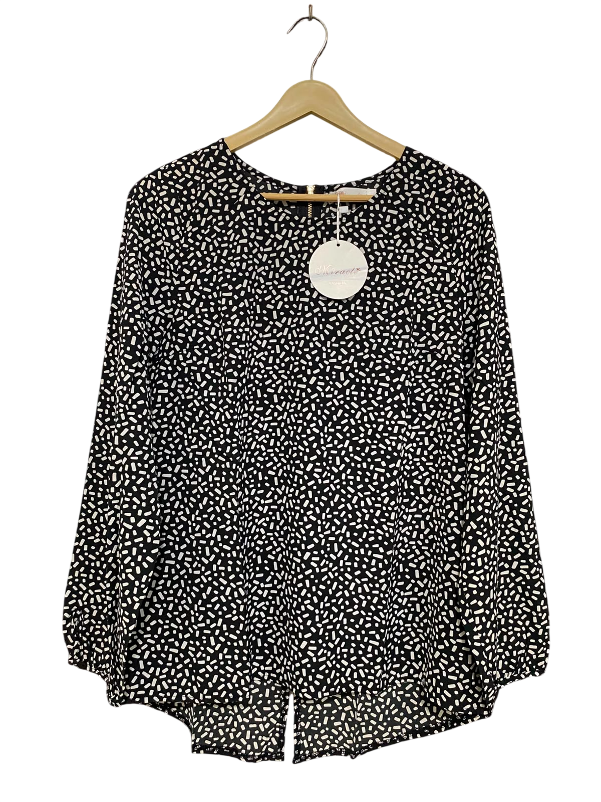 MORACLE |L| BUST 20| A41| BLACK AND WHITE ABSTRACT PRINT LONG-SLEEVE UTILITY BLOUSE