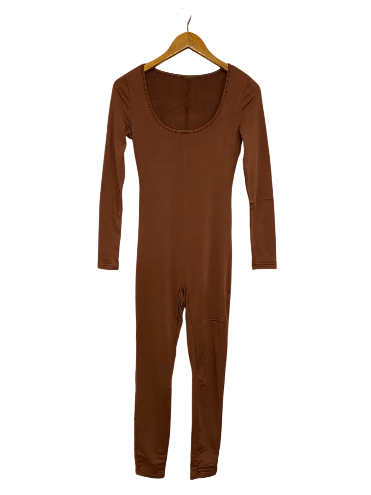 |S| BUST 14| A41| BROWN SCOOP-NECK LONG-SLEEVE UTILITY JUMPSUIT