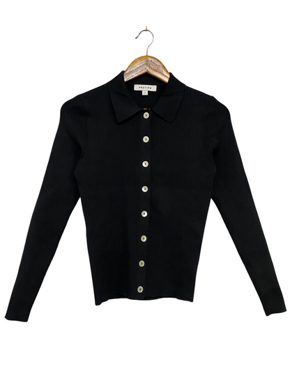 PREVIEW |S| BUST 14| A41| BLACK POLO COLLAR RIBBED BUTTON-UP UTILITY TOP