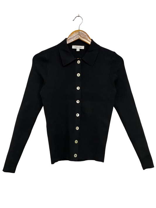 PREVIEW |S| BUST 14| A41| BLACK POLO COLLAR RIBBED BUTTON-UP UTILITY TOP