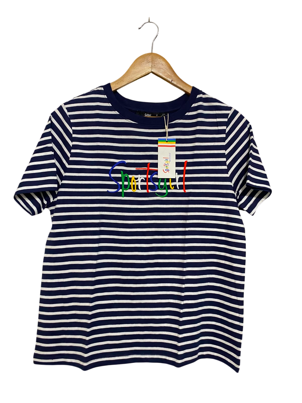 SPORTSGIRL |S| BUST 18| A40| NAVY STRIPED EMBROIDERED UTILITY T-SHIRT