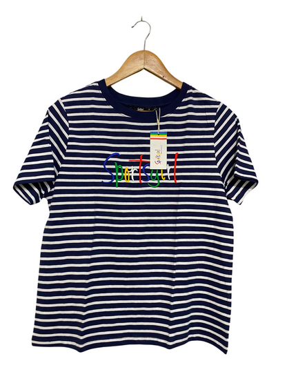 SPORTSGIRL |S| BUST 18| A40| NAVY STRIPED EMBROIDERED UTILITY T-SHIRT