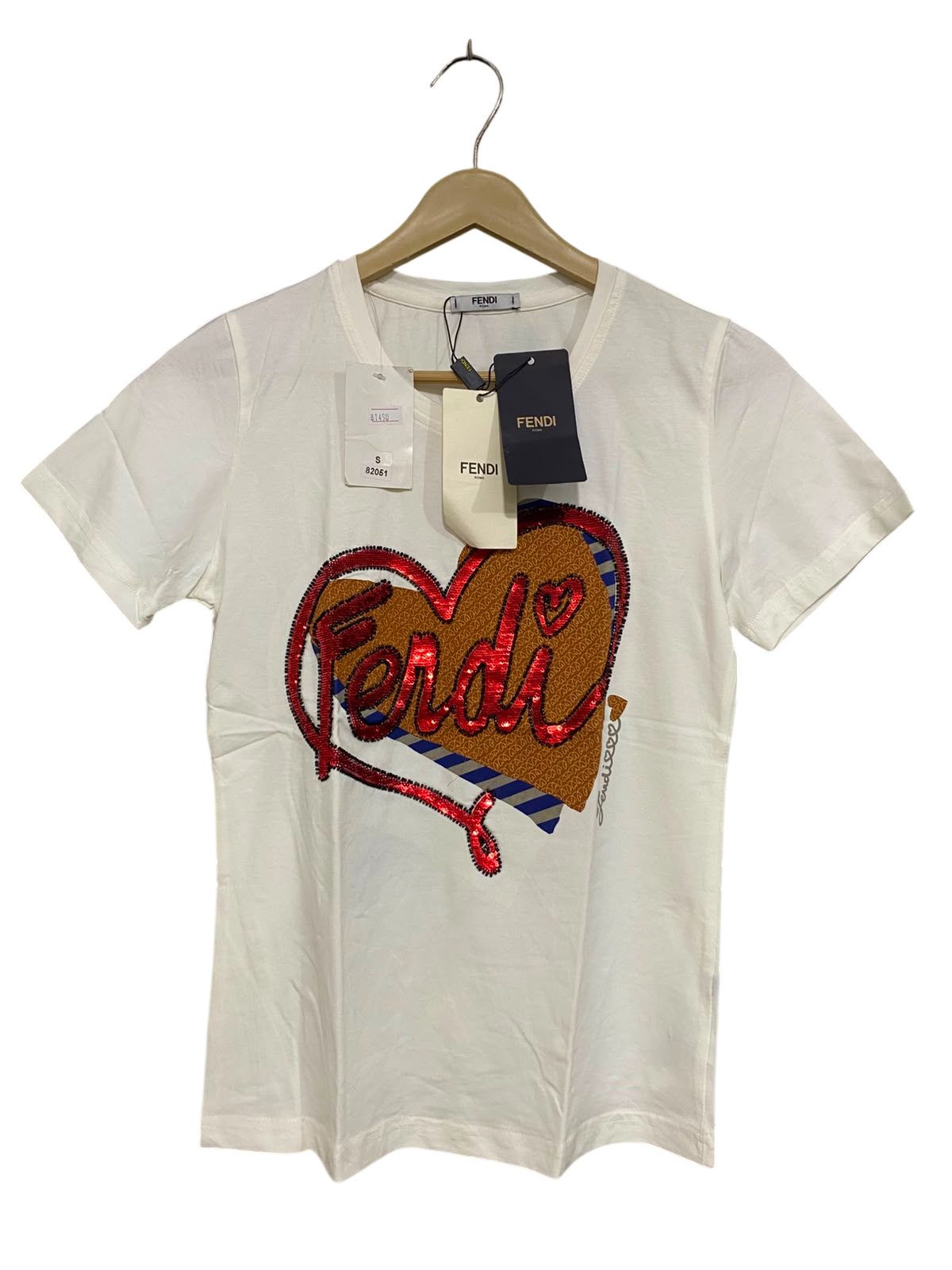 FENDI |S| BUST 16| A40| WHITE SEQUIN HEART LOGO UTILITY T-SHIRT