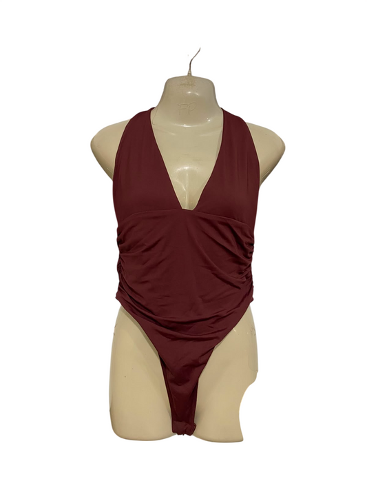 SUPRE |M| BUST 14| A40| BURGUNDY PLUNGE HALTER RUCHED UTILITY BODYSUIT