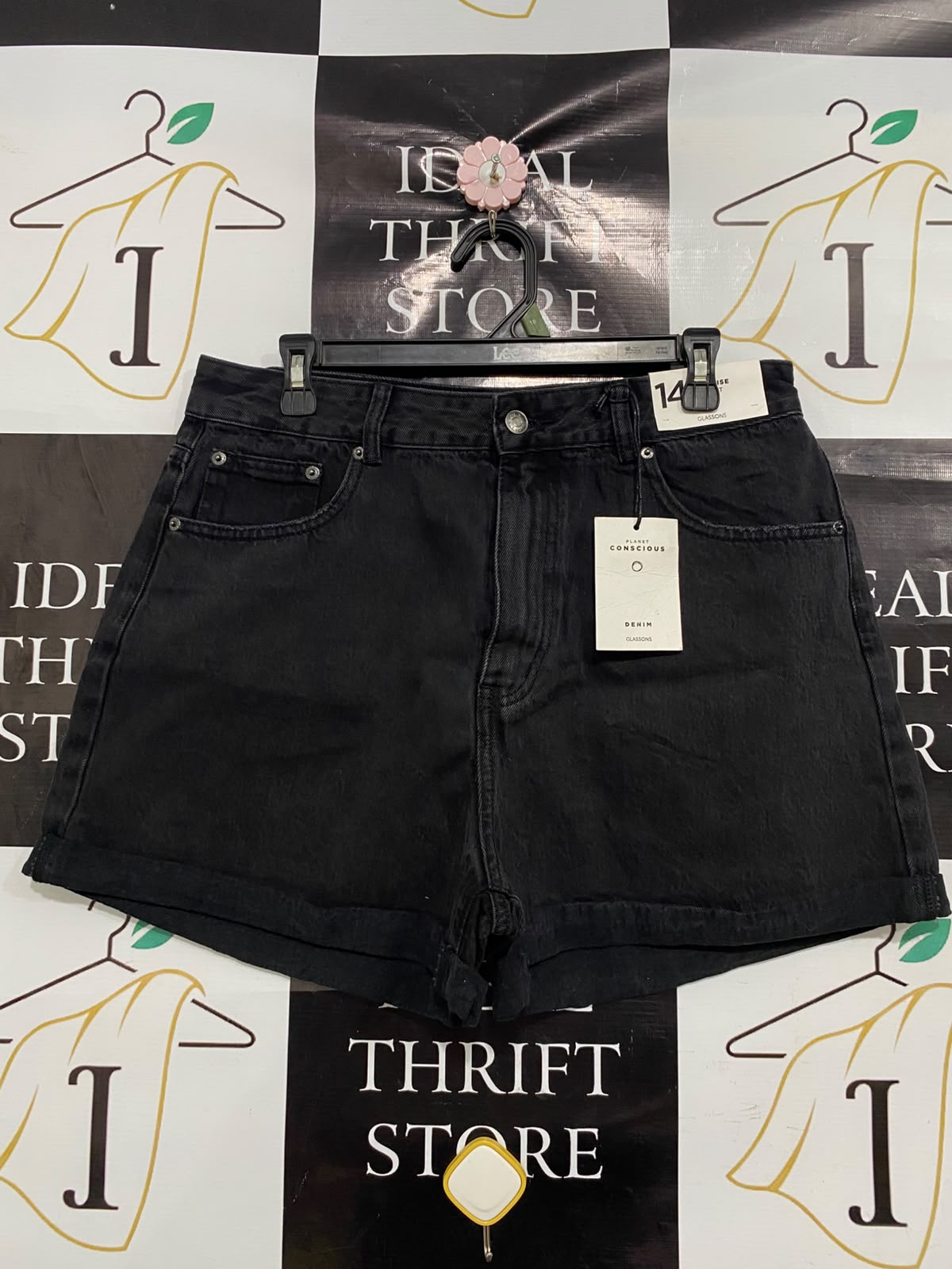 GLASSONS |L| WAIST 32| A40| BLACK DENIM HIGH-WAISTED UTILITY SHORTS