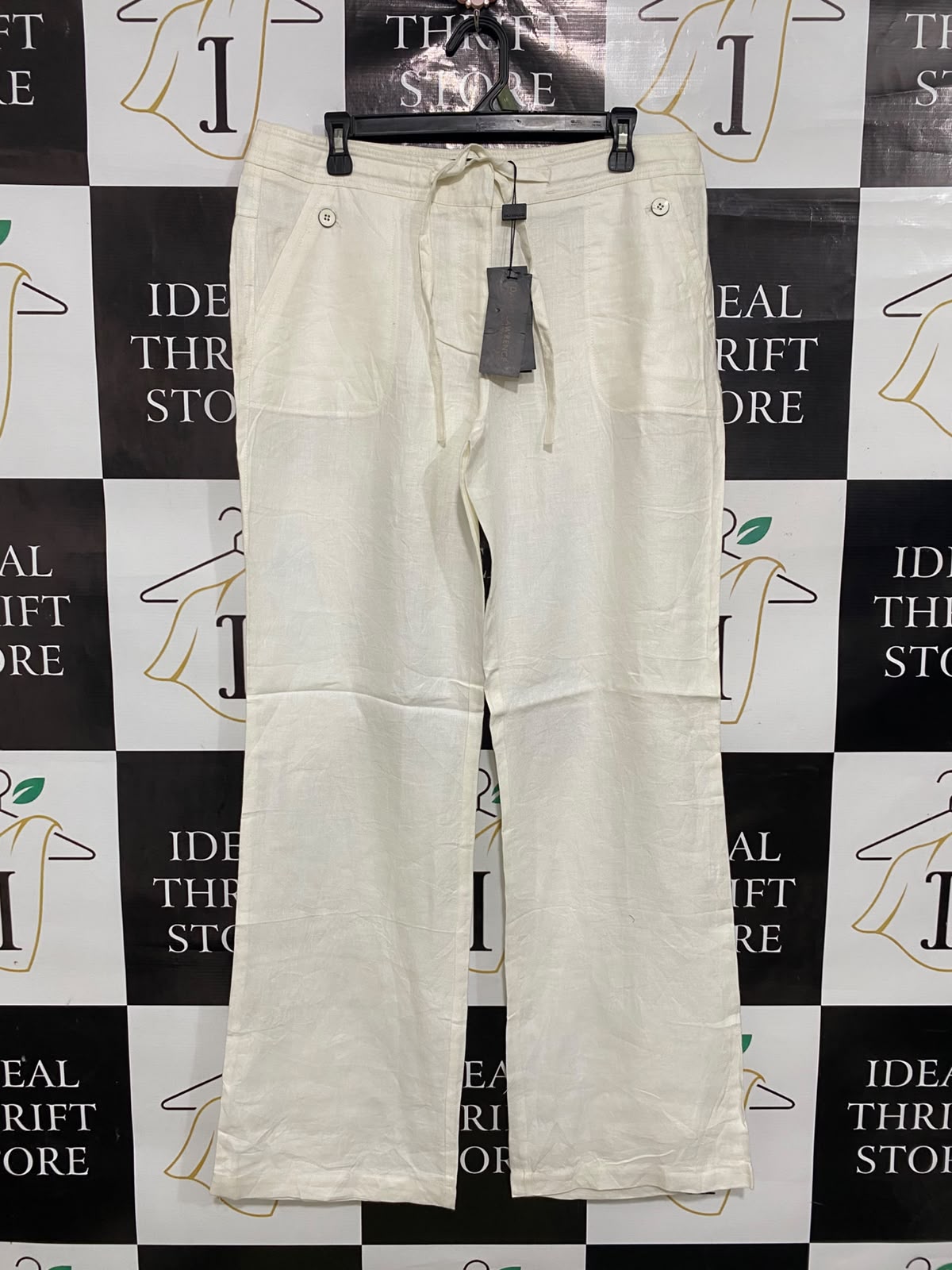 DAVID LAWRENCE |XL| WAIST 34| A40| CREAM LINEN DRAWSTRING UTILITY TROUSERS