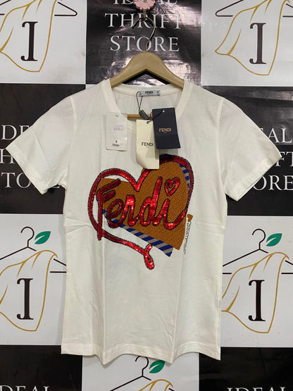 FENDI |S| BUST 16| A40| WHITE SEQUIN HEART LOGO UTILITY T-SHIRT