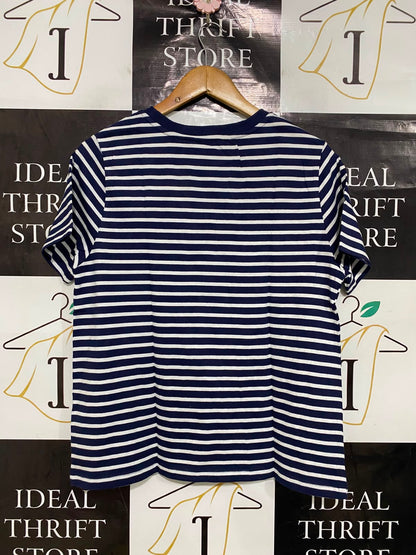 SPORTSGIRL |S| BUST 18| A40| NAVY STRIPED EMBROIDERED UTILITY T-SHIRT