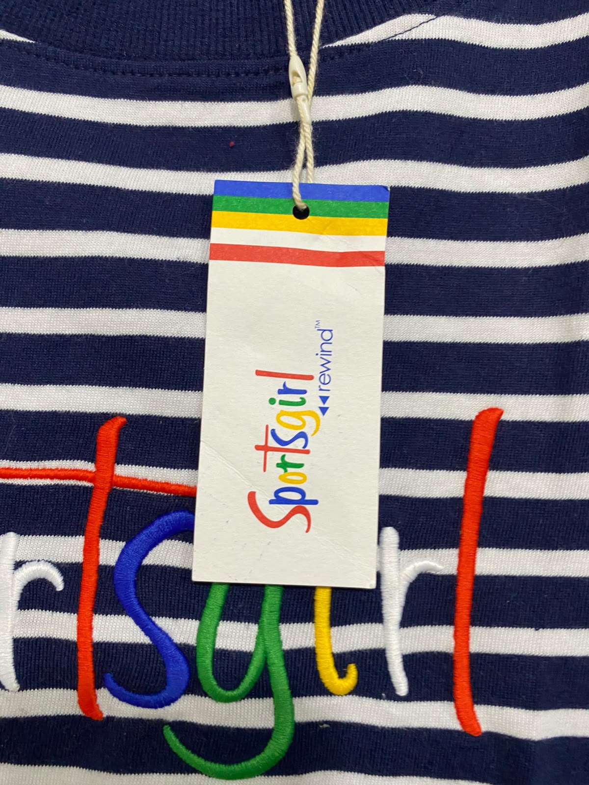 SPORTSGIRL |S| BUST 18| A40| NAVY STRIPED EMBROIDERED UTILITY T-SHIRT