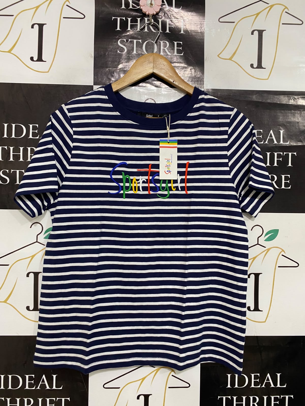 SPORTSGIRL |S| BUST 18| A40| NAVY STRIPED EMBROIDERED UTILITY T-SHIRT