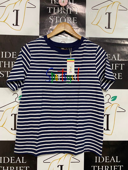SPORTSGIRL |S| BUST 18| A40| NAVY STRIPED EMBROIDERED UTILITY T-SHIRT