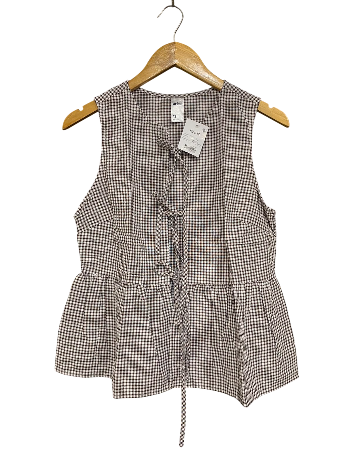 ANKO |M| BUST 17| A41| BROWN GINGHAM TIE-FRONT PEPLUM UTILITY TOP