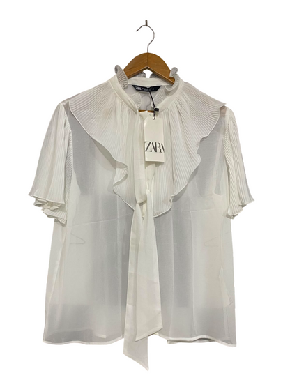 ZARA |XL| BUST 21| A41| WHITE PLEATED RUFFLE TIE-NECK UTILITY BLOUSE