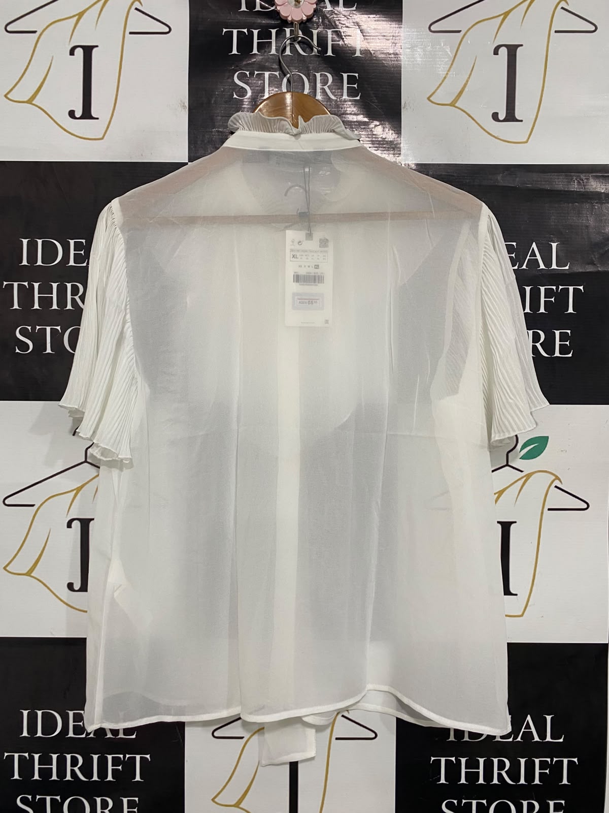ZARA |XL| BUST 21| A41| WHITE PLEATED RUFFLE TIE-NECK UTILITY BLOUSE