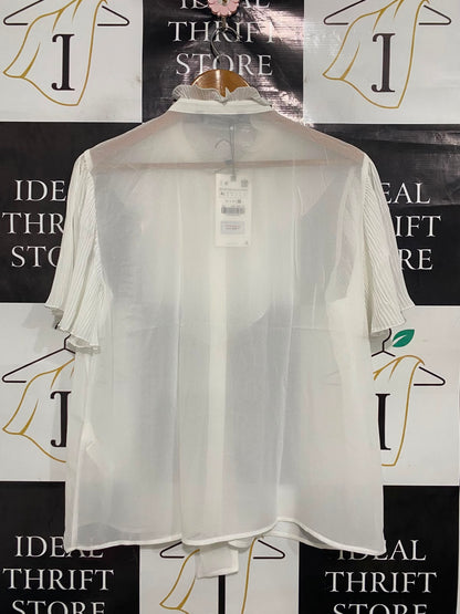 ZARA |XL| BUST 21| A41| WHITE PLEATED RUFFLE TIE-NECK UTILITY BLOUSE