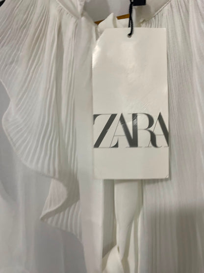 ZARA |XL| BUST 21| A41| WHITE PLEATED RUFFLE TIE-NECK UTILITY BLOUSE