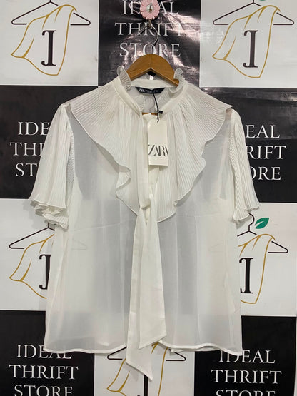 ZARA |XL| BUST 21| A41| WHITE PLEATED RUFFLE TIE-NECK UTILITY BLOUSE