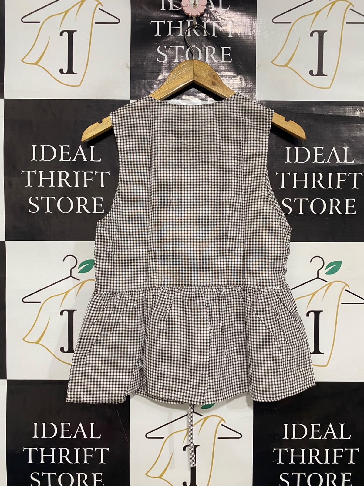 ANKO |M| BUST 17| A41| BROWN GINGHAM TIE-FRONT PEPLUM UTILITY TOP