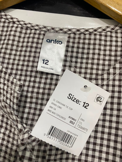 ANKO |M| BUST 17| A41| BROWN GINGHAM TIE-FRONT PEPLUM UTILITY TOP