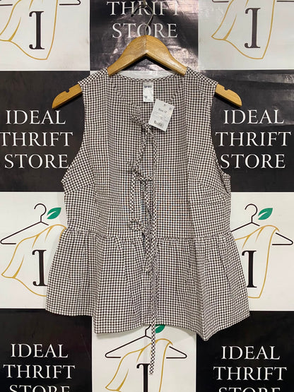 ANKO |M| BUST 17| A41| BROWN GINGHAM TIE-FRONT PEPLUM UTILITY TOP
