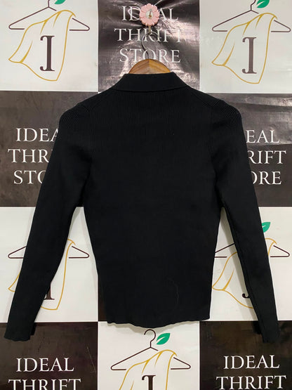 PREVIEW |S| BUST 14| A41| BLACK POLO COLLAR RIBBED BUTTON-UP UTILITY TOP