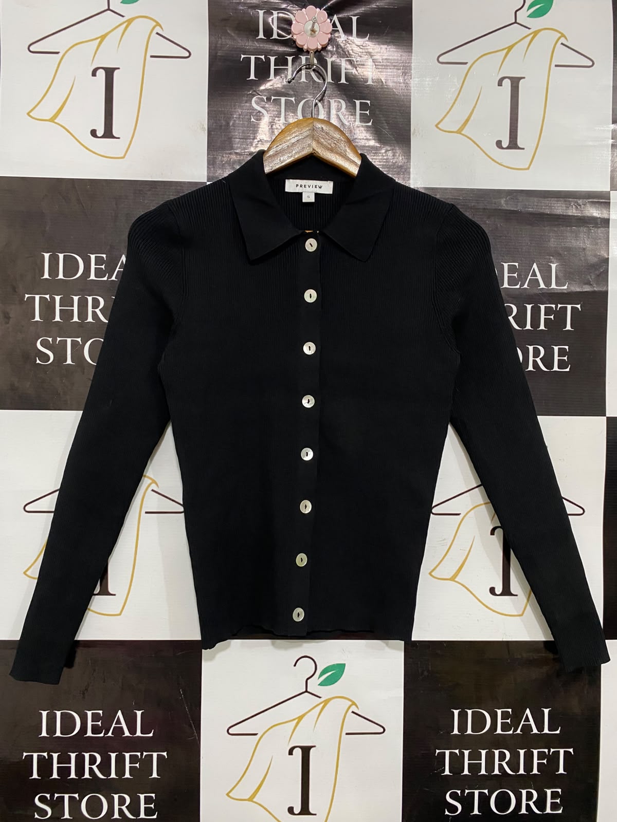 PREVIEW |S| BUST 14| A41| BLACK POLO COLLAR RIBBED BUTTON-UP UTILITY TOP